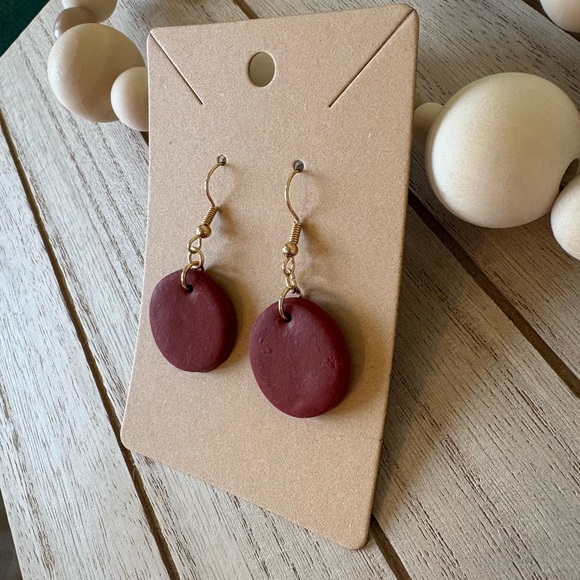 Handmade Burgundy Circle Earrings | Minimalist Boho Dangle Jewelry - Picture 2 of 5